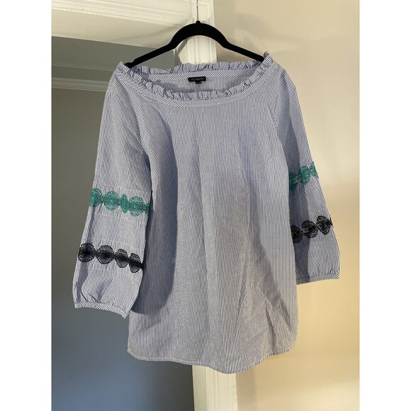 Talbots Small Blue/White Striped Embroidered Coastal Boho Bishop Cotton Top Work - Picture 2 of 8